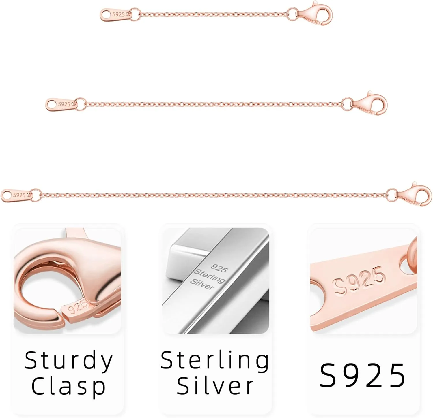 925 Sterling Silver Necklace Extender Rose Gold Necklace Extender Rose Gold Chain Extenders for Necklaces 2", 3", 4" Inches