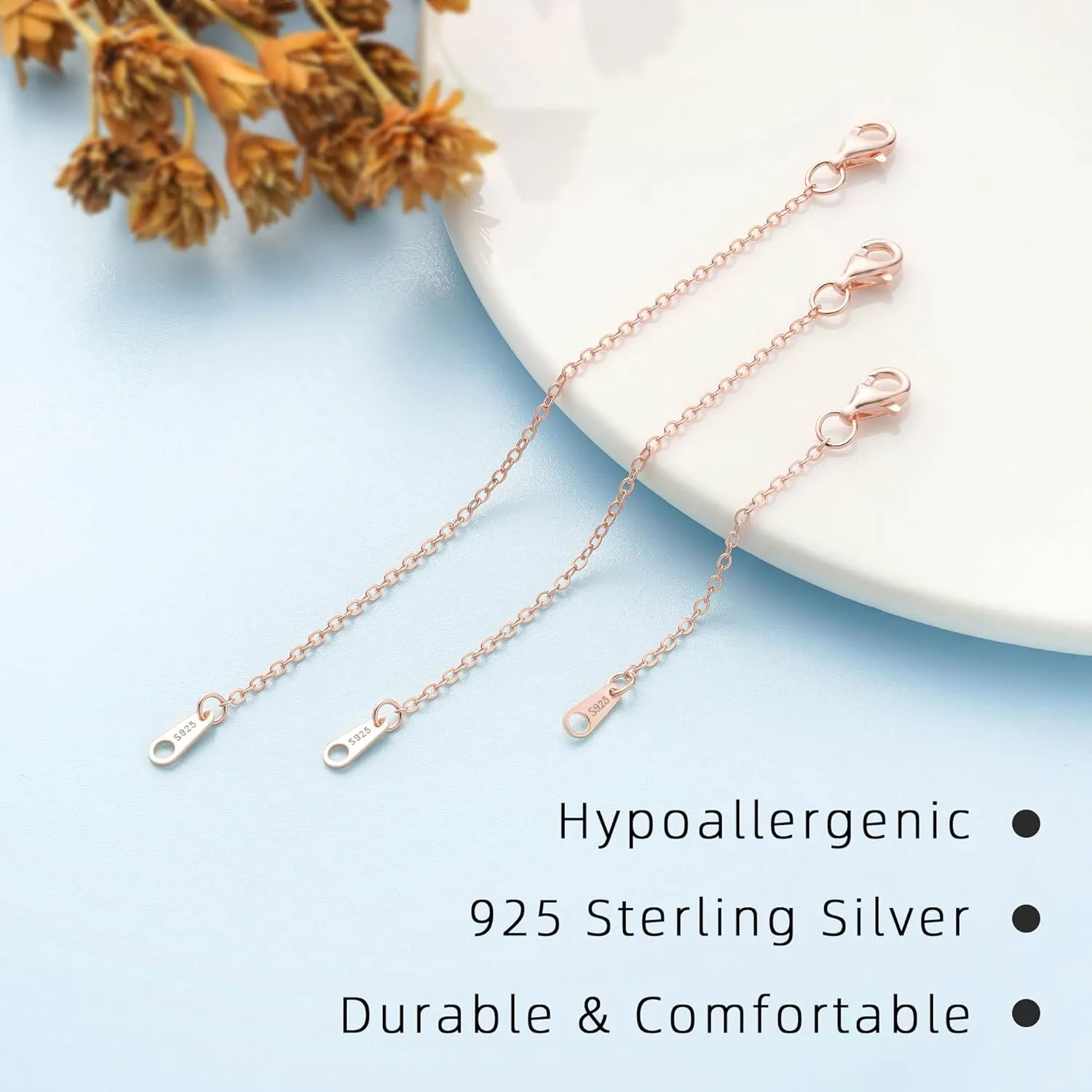 925 Sterling Silver Necklace Extender Rose Gold Necklace Extender Rose Gold Chain Extenders for Necklaces 2", 3", 4" Inches