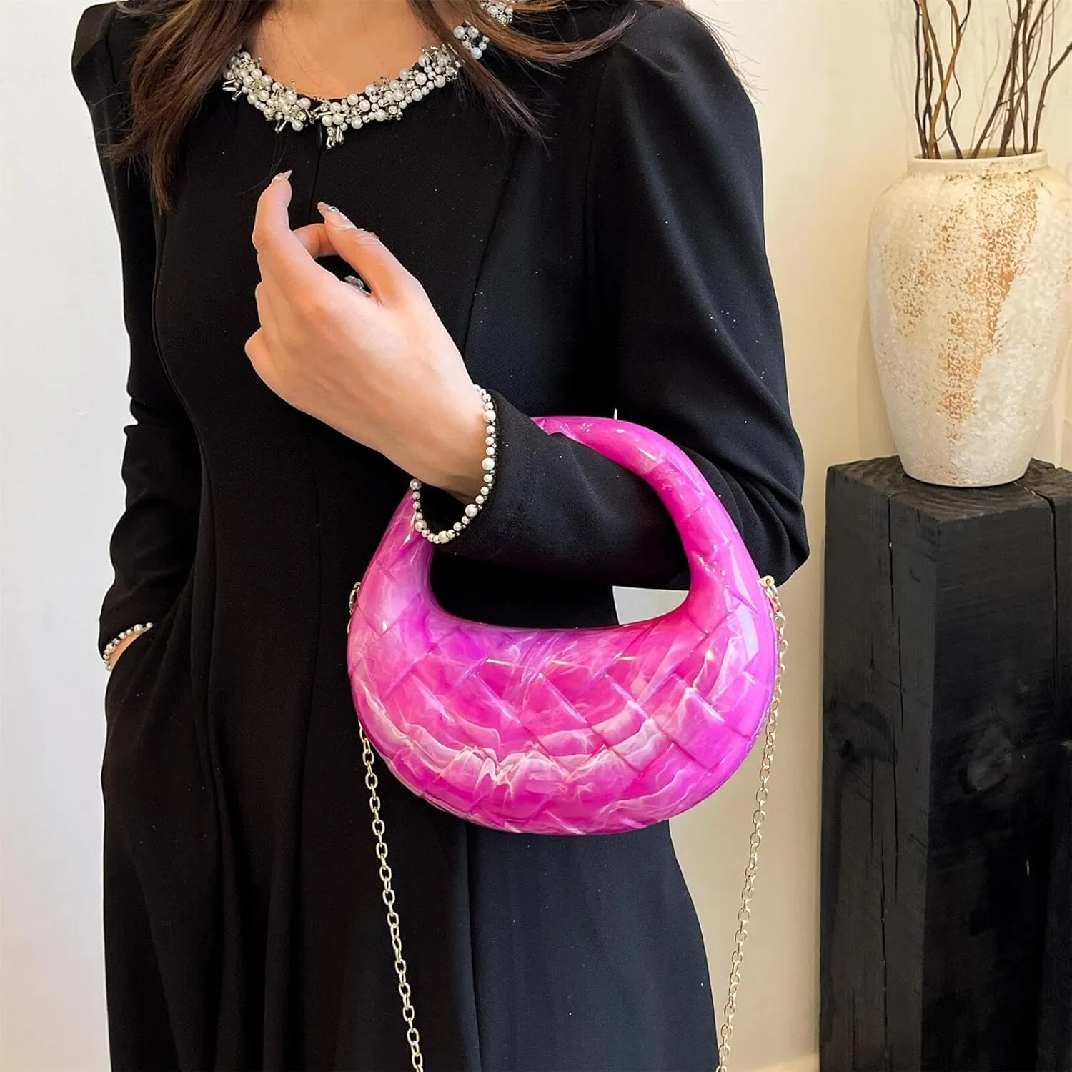 Acrylic Woven Hobos Evening Bags Women Shoulder Crossbody Purses Clutch Chic Handbag with Detachable Chain