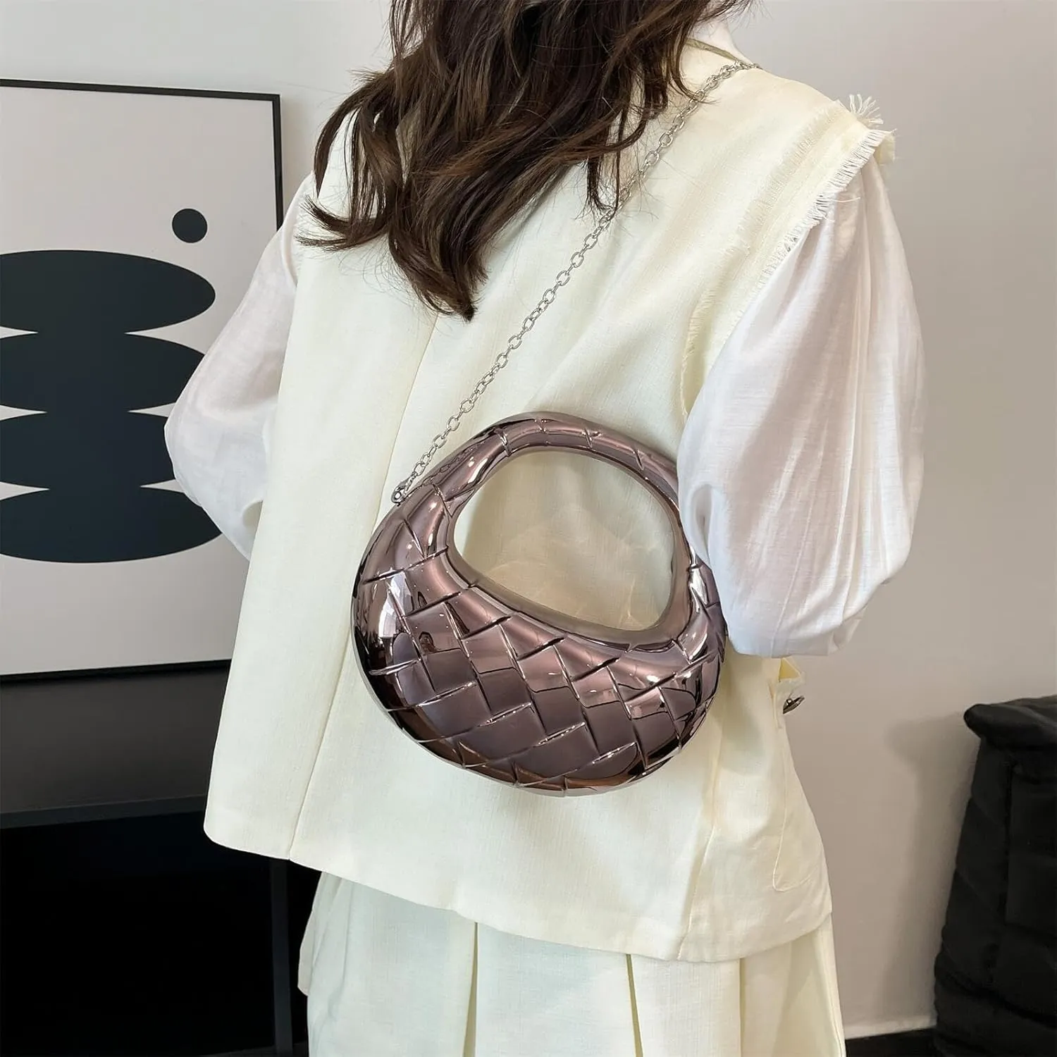 Acrylic Woven Hobos Evening Bags Women Shoulder Crossbody Purses Clutch Chic Handbag with Detachable Chain