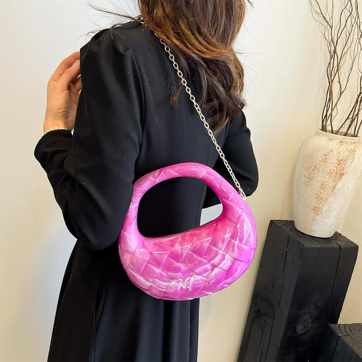 Acrylic Woven Hobos Evening Bags Women Shoulder Crossbody Purses Clutch Chic Handbag with Detachable Chain