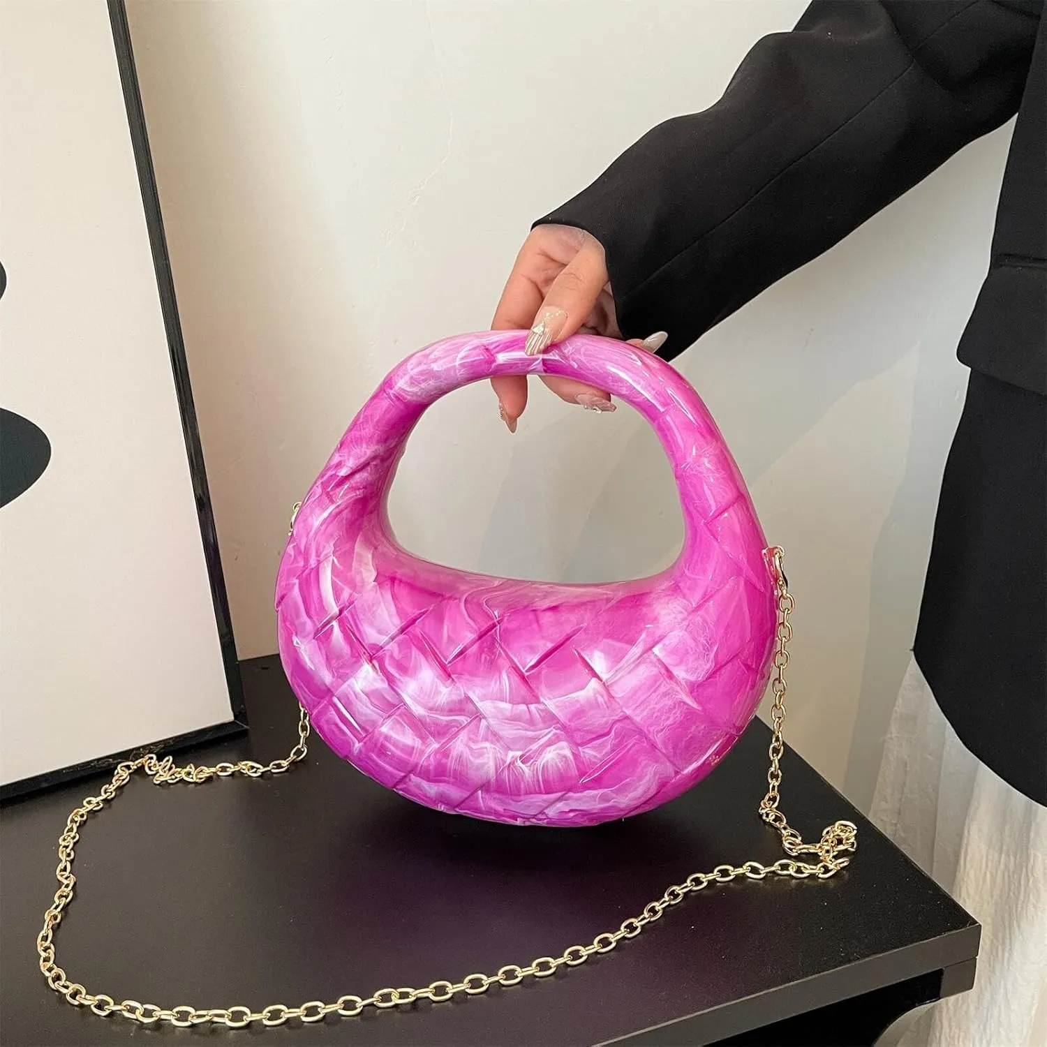 Acrylic Woven Hobos Evening Bags Women Shoulder Crossbody Purses Clutch Chic Handbag with Detachable Chain