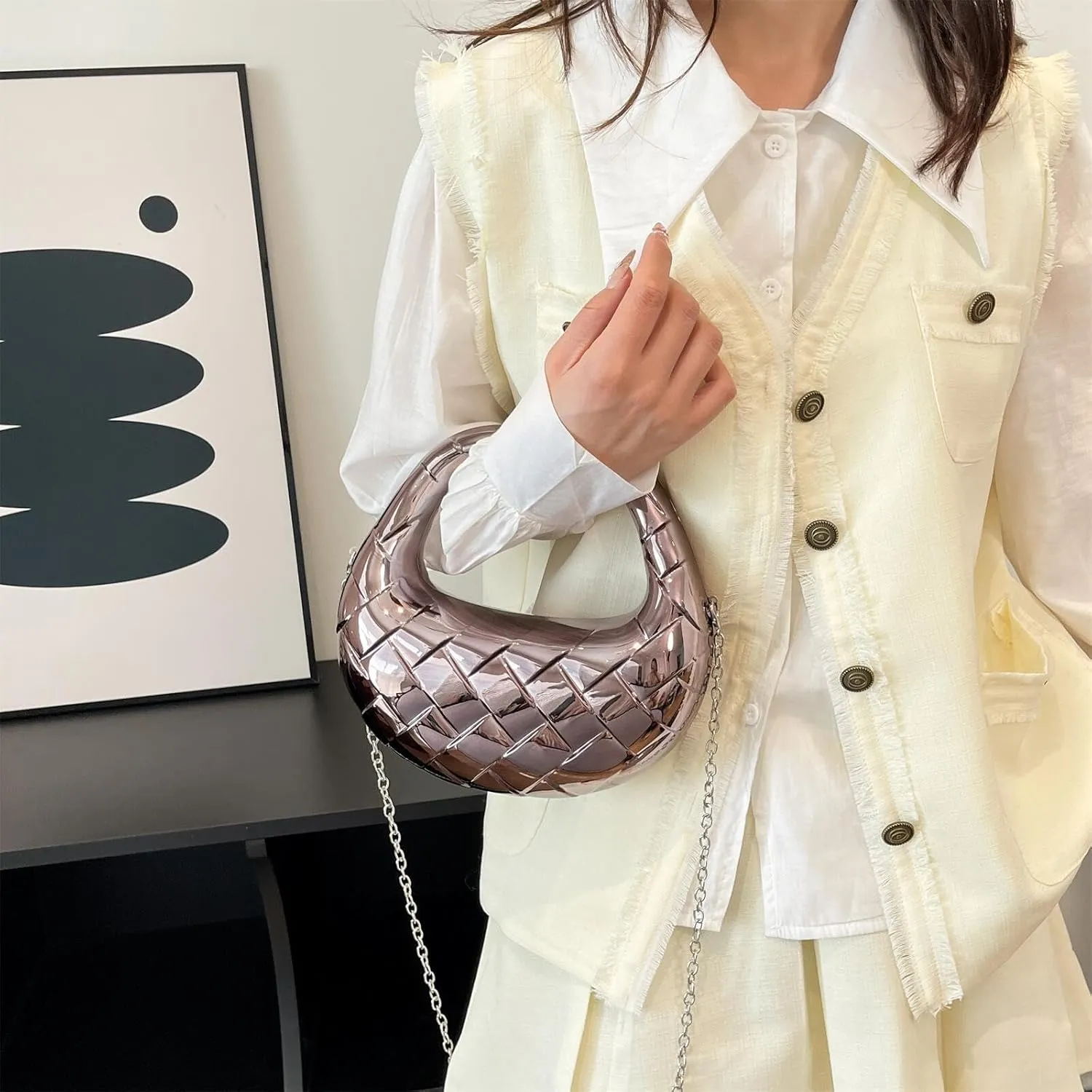 Acrylic Woven Hobos Evening Bags Women Shoulder Crossbody Purses Clutch Chic Handbag with Detachable Chain