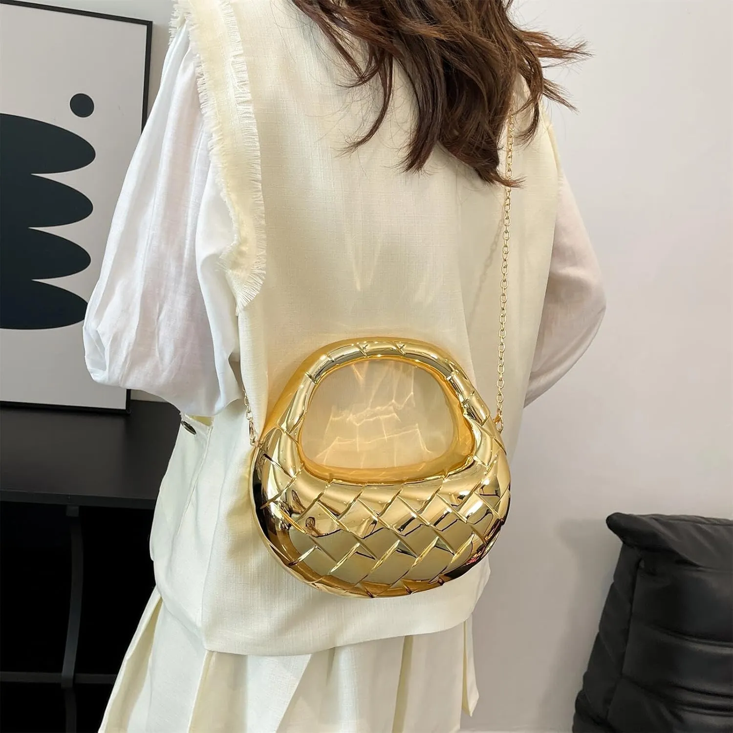 Acrylic Woven Hobos Evening Bags Women Shoulder Crossbody Purses Clutch Chic Handbag with Detachable Chain