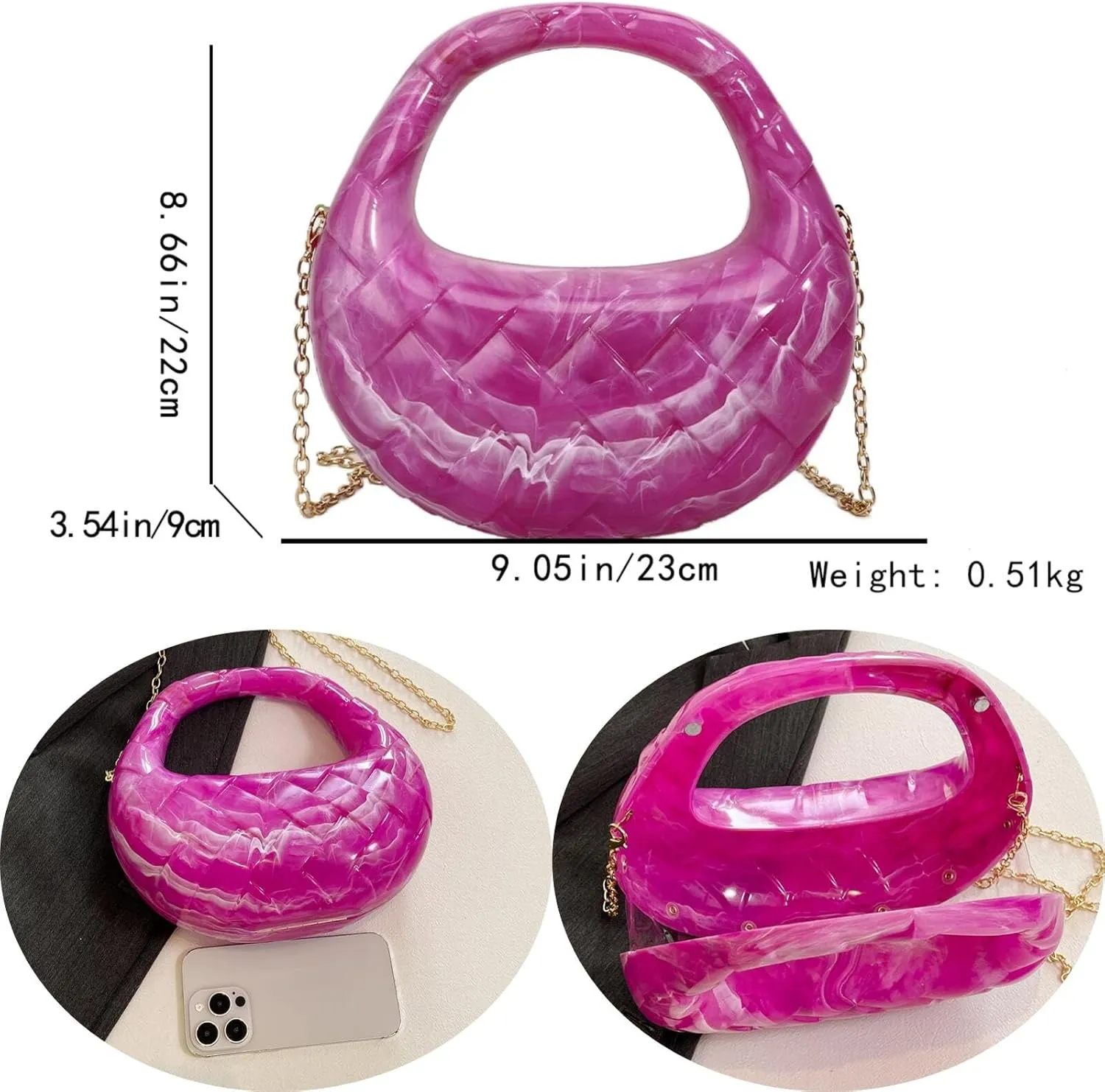 Acrylic Woven Hobos Evening Bags Women Shoulder Crossbody Purses Clutch Chic Handbag with Detachable Chain