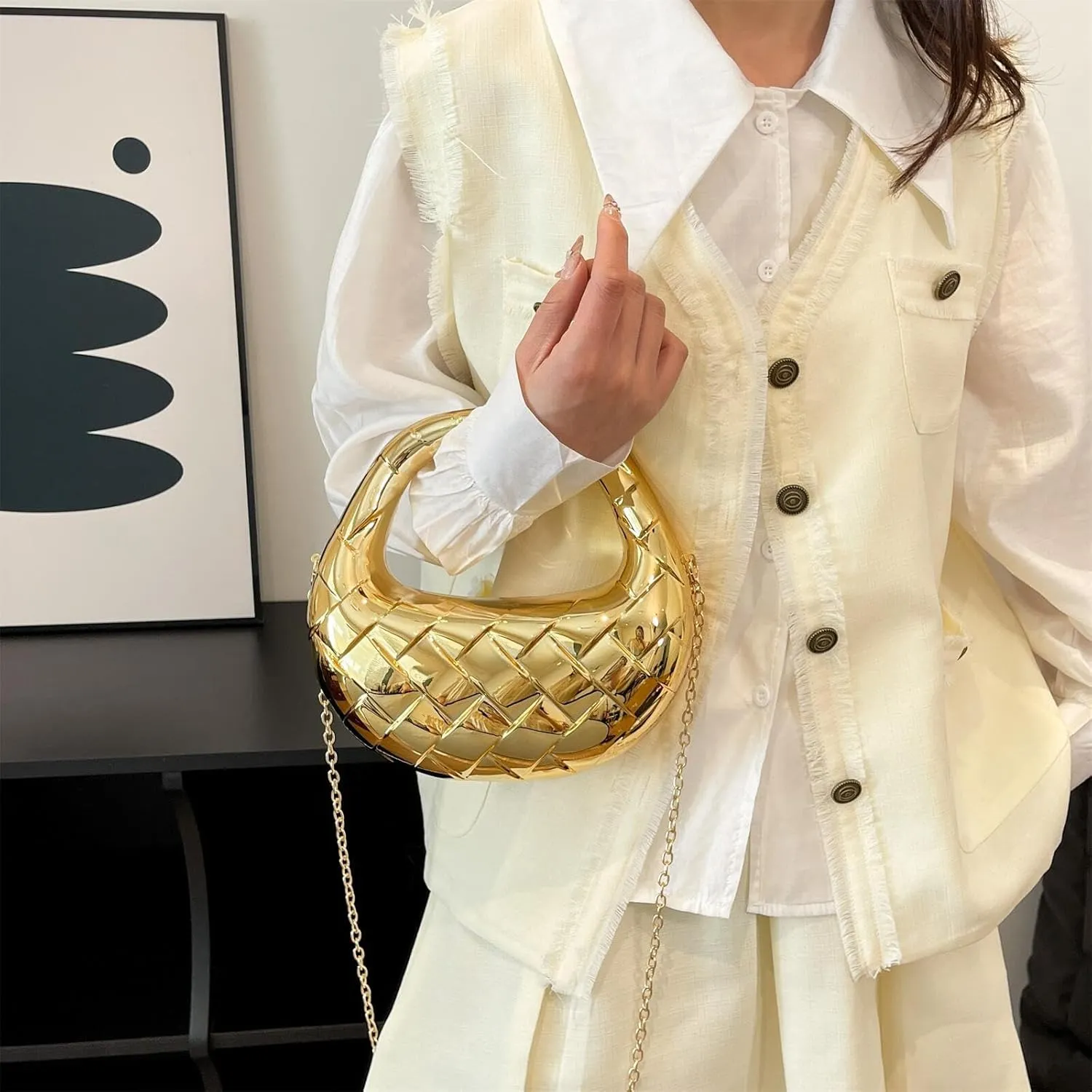 Acrylic Woven Hobos Evening Bags Women Shoulder Crossbody Purses Clutch Chic Handbag with Detachable Chain