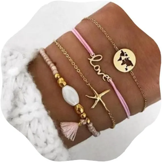 Aluinn Gold 4Pcs Bracelet Set Starfish Bracelets Chain Boho Bracelet Jewelry for Women