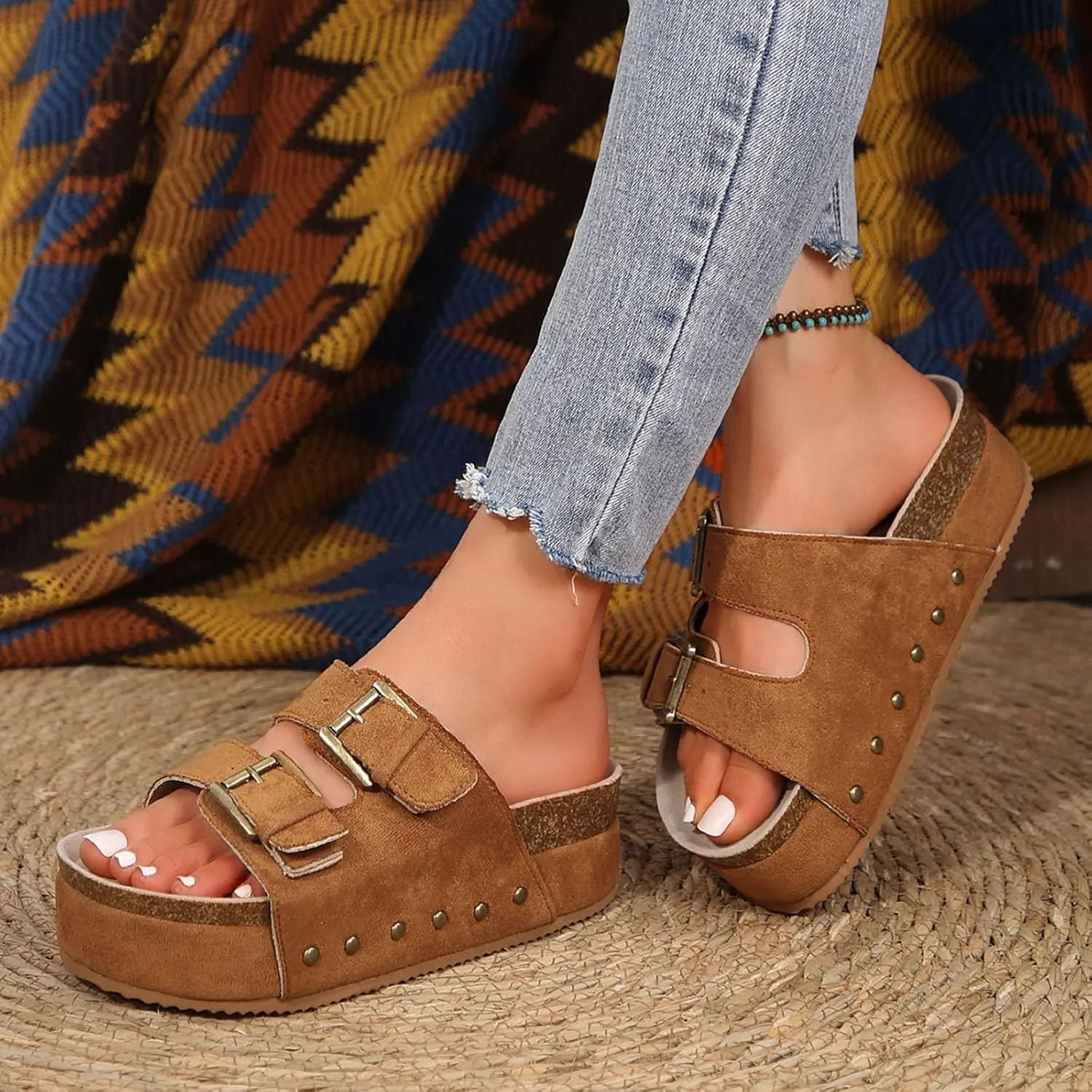 AMDBEL Sandals for Women 2024,Women's Cork Platform Sandals Slip on Mules and Clogs Double Buckle Straps Summer Slipper Shoes