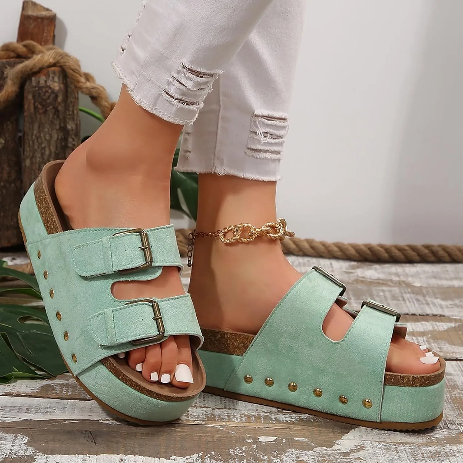 AMDBEL Sandals for Women 2024,Women's Cork Platform Sandals Slip on Mules and Clogs Double Buckle Straps Summer Slipper Shoes