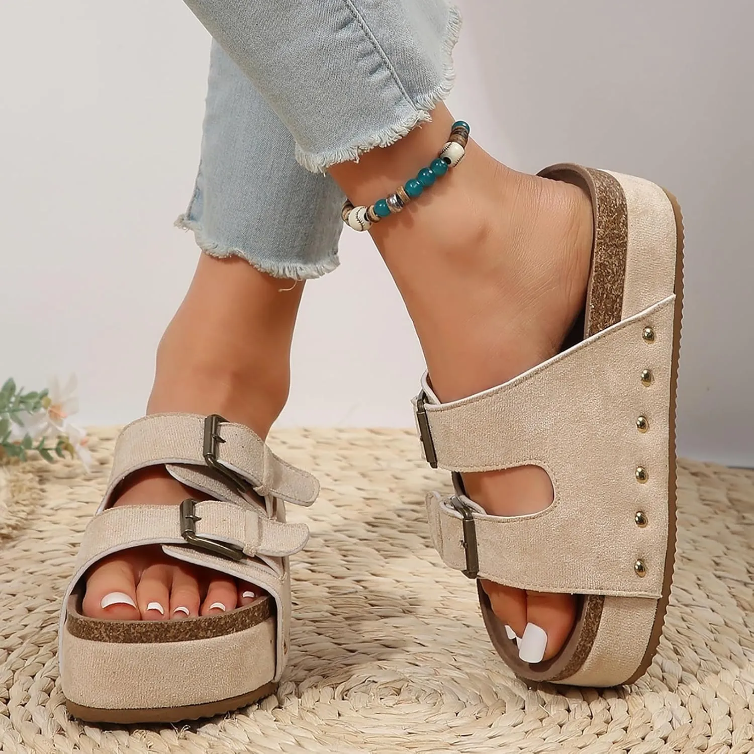AMDBEL Sandals for Women 2024,Women's Cork Platform Sandals Slip on Mules and Clogs Double Buckle Straps Summer Slipper Shoes