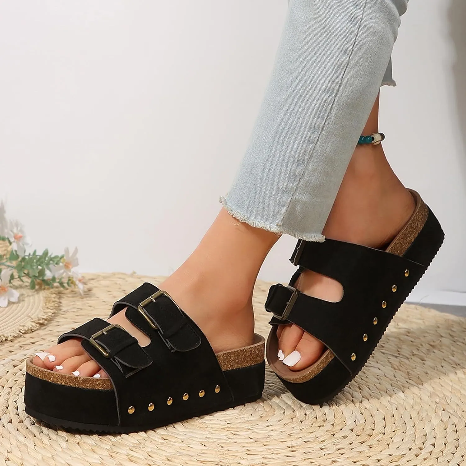 AMDBEL Sandals for Women 2024,Women's Cork Platform Sandals Slip on Mules and Clogs Double Buckle Straps Summer Slipper Shoes