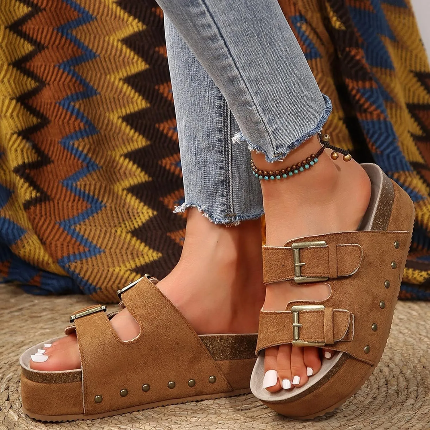 AMDBEL Sandals for Women 2024,Women's Cork Platform Sandals Slip on Mules and Clogs Double Buckle Straps Summer Slipper Shoes