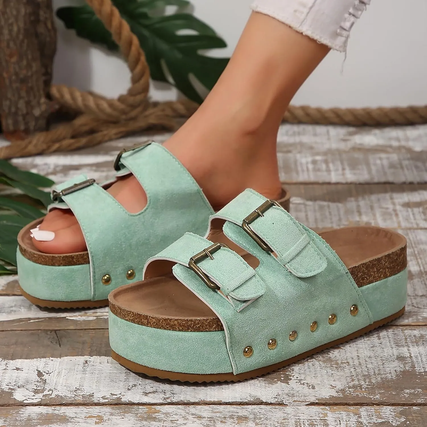 AMDBEL Sandals for Women 2024,Women's Cork Platform Sandals Slip on Mules and Clogs Double Buckle Straps Summer Slipper Shoes
