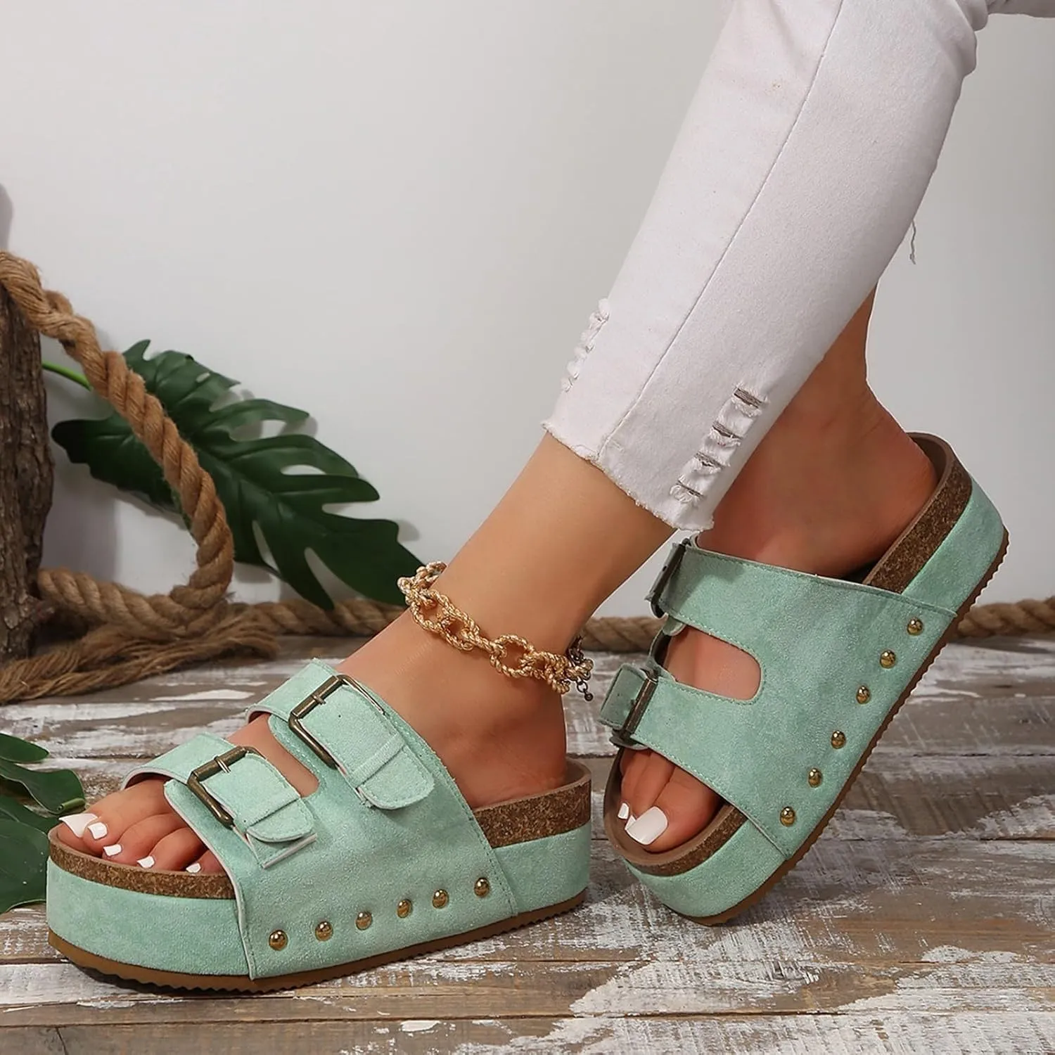 AMDBEL Sandals for Women 2024,Women's Cork Platform Sandals Slip on Mules and Clogs Double Buckle Straps Summer Slipper Shoes