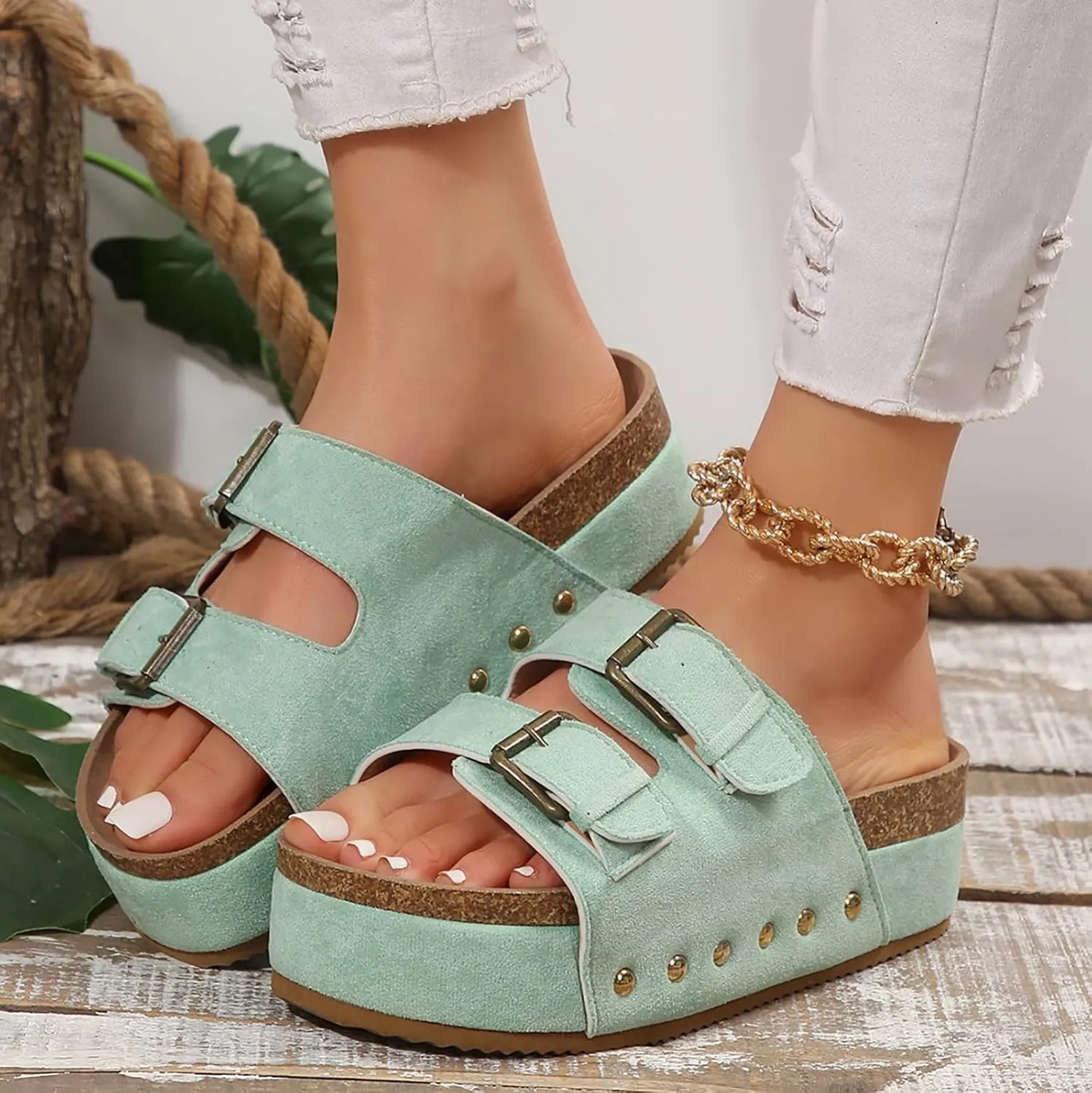 AMDBEL Sandals for Women 2024,Women's Cork Platform Sandals Slip on Mules and Clogs Double Buckle Straps Summer Slipper Shoes