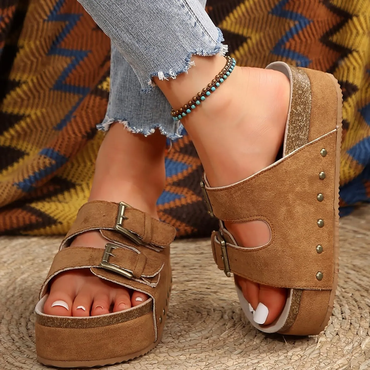 AMDBEL Sandals for Women 2024,Women's Cork Platform Sandals Slip on Mules and Clogs Double Buckle Straps Summer Slipper Shoes