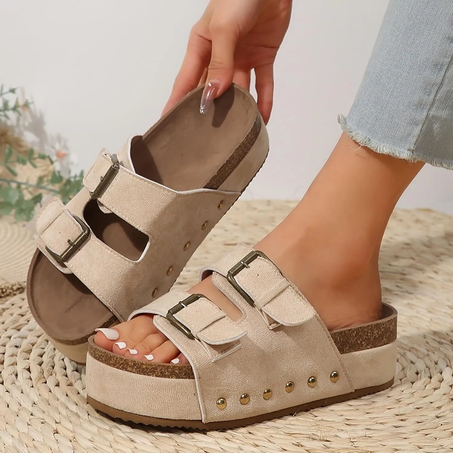 AMDBEL Sandals for Women 2024,Women's Cork Platform Sandals Slip on Mules and Clogs Double Buckle Straps Summer Slipper Shoes