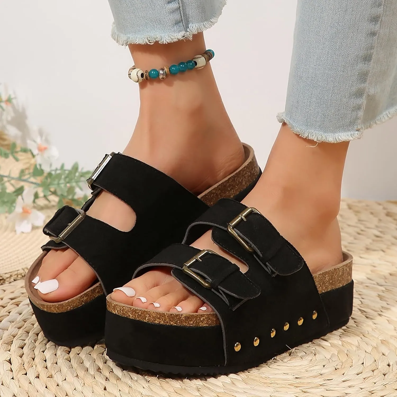 AMDBEL Sandals for Women 2024,Women's Cork Platform Sandals Slip on Mules and Clogs Double Buckle Straps Summer Slipper Shoes