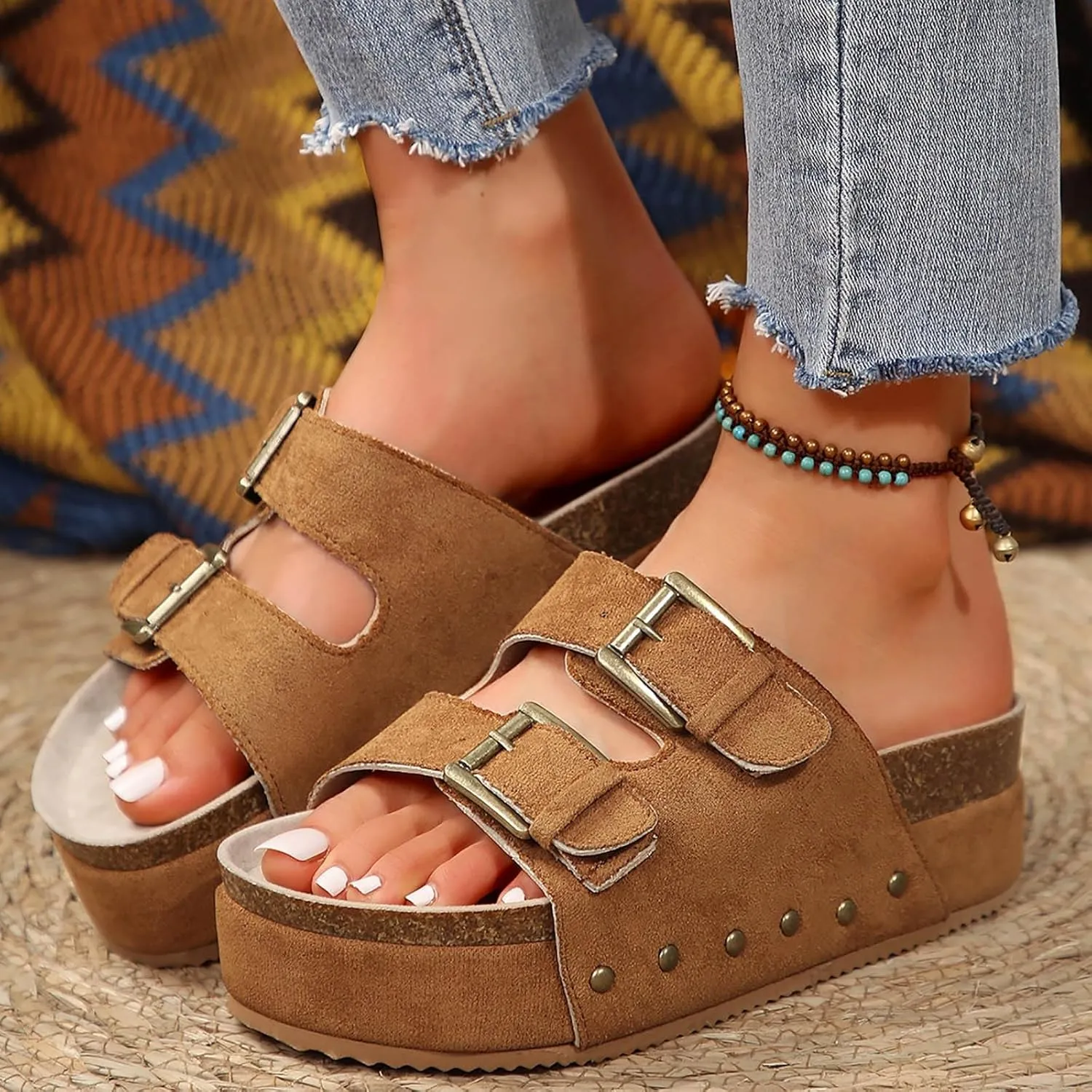 AMDBEL Sandals for Women 2024,Women's Cork Platform Sandals Slip on Mules and Clogs Double Buckle Straps Summer Slipper Shoes