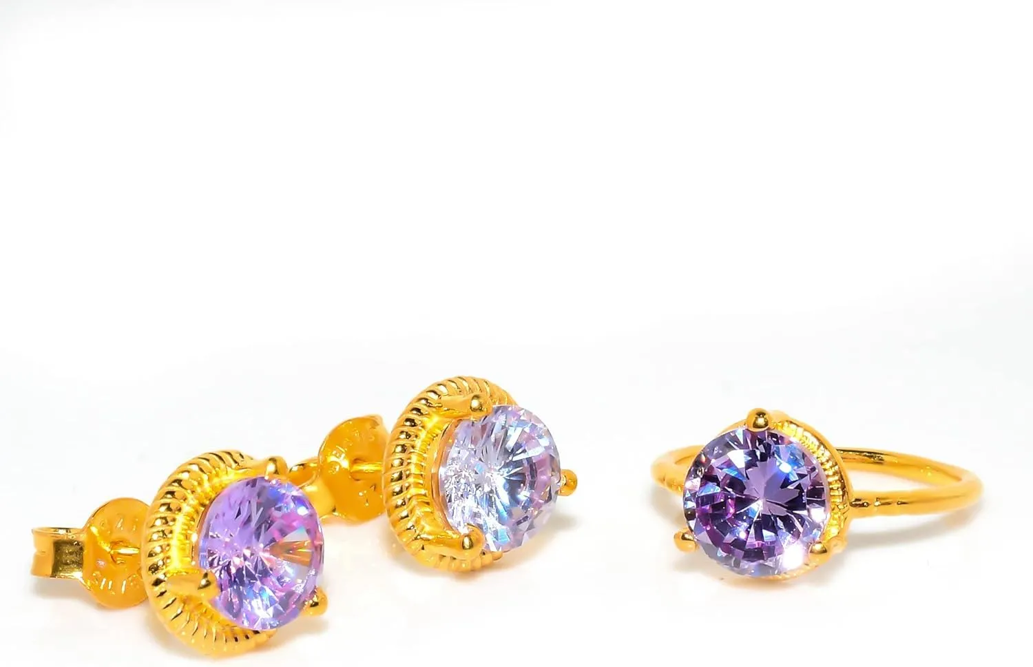 Amethyst Jewelry Set, Sterling Silver or Gold-Plated Ring and Stud Earrings, Round Cut