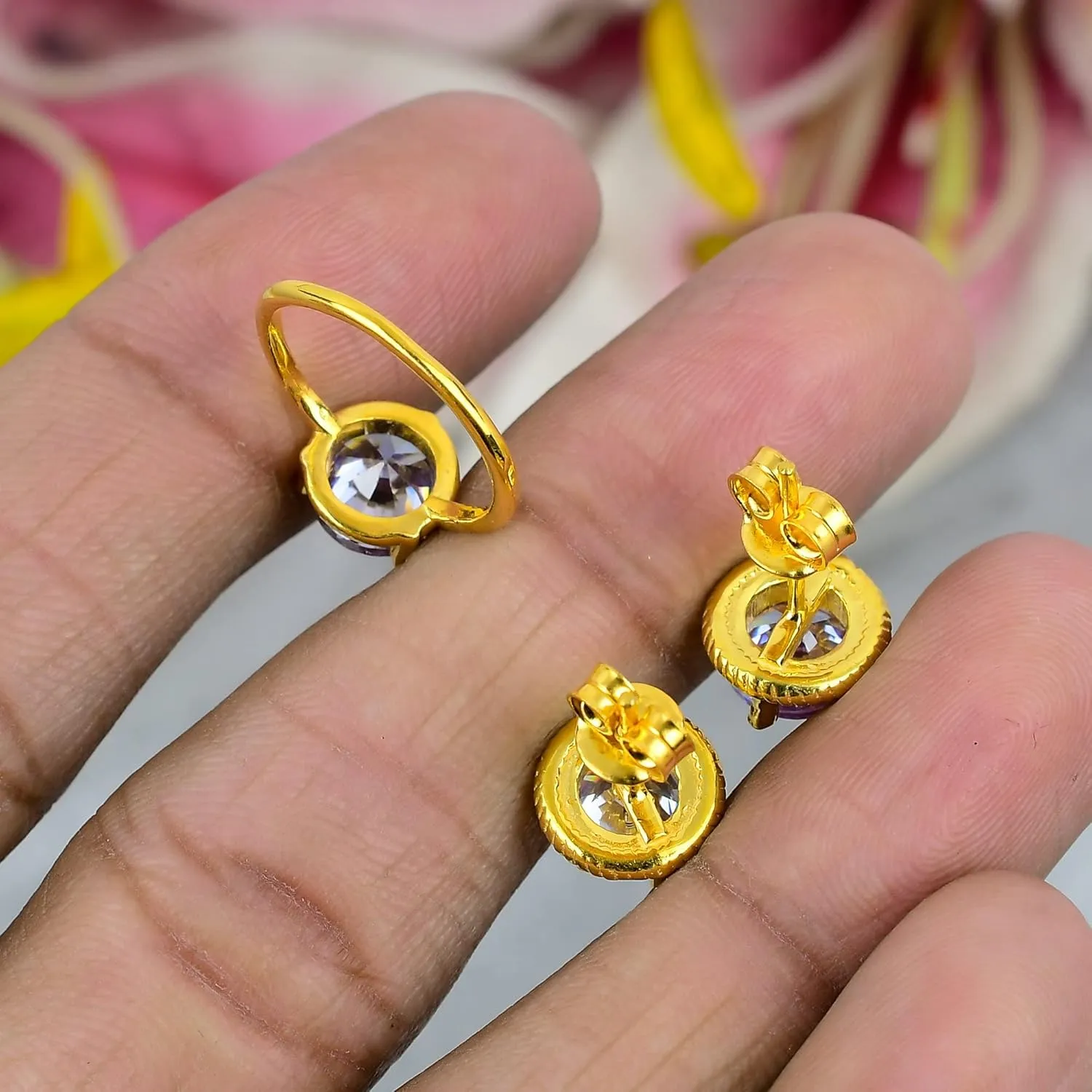 Amethyst Jewelry Set, Sterling Silver or Gold-Plated Ring and Stud Earrings, Round Cut