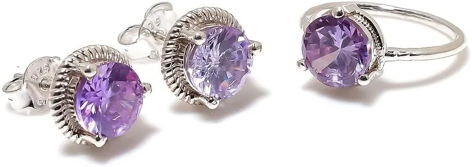 Amethyst Jewelry Set, Sterling Silver or Gold-Plated Ring and Stud Earrings, Round Cut