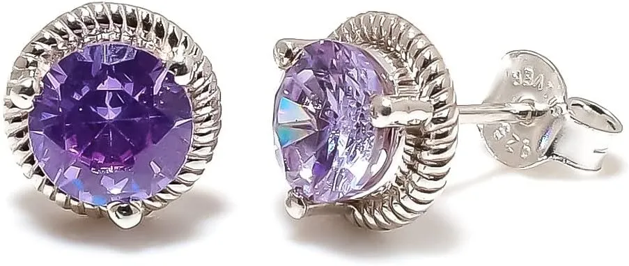 Amethyst Jewelry Set, Sterling Silver or Gold-Plated Ring and Stud Earrings, Round Cut