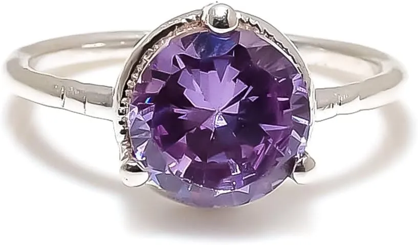 Amethyst Jewelry Set, Sterling Silver or Gold-Plated Ring and Stud Earrings, Round Cut