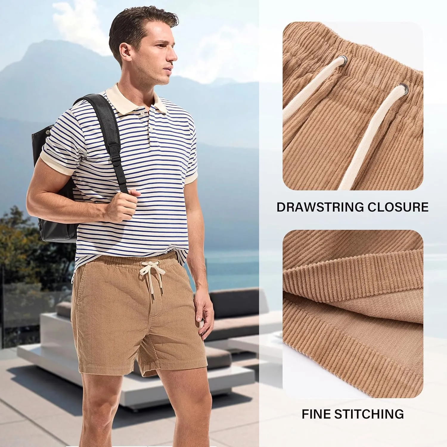 AMY COULEE Mens Corduroy Shorts 5.5" Elastic Waist Casual Shorts Summer Beach Shorts with Pockets