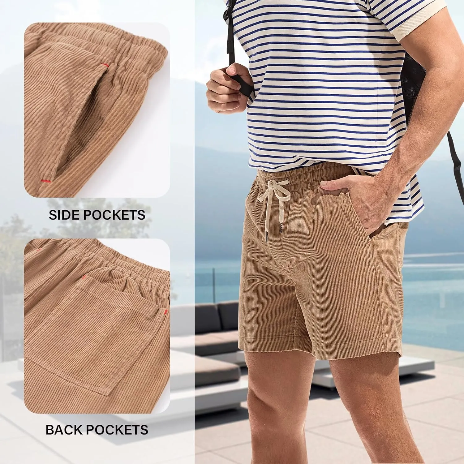 AMY COULEE Mens Corduroy Shorts 5.5" Elastic Waist Casual Shorts Summer Beach Shorts with Pockets