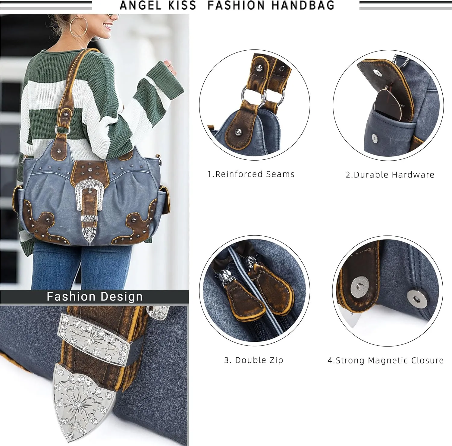 Angel Kiss Hobo Bags for Women Vegan Leather Purses and Handbags Ladies Chic Shoulder Bags Crossbody Purses with Metal Studs