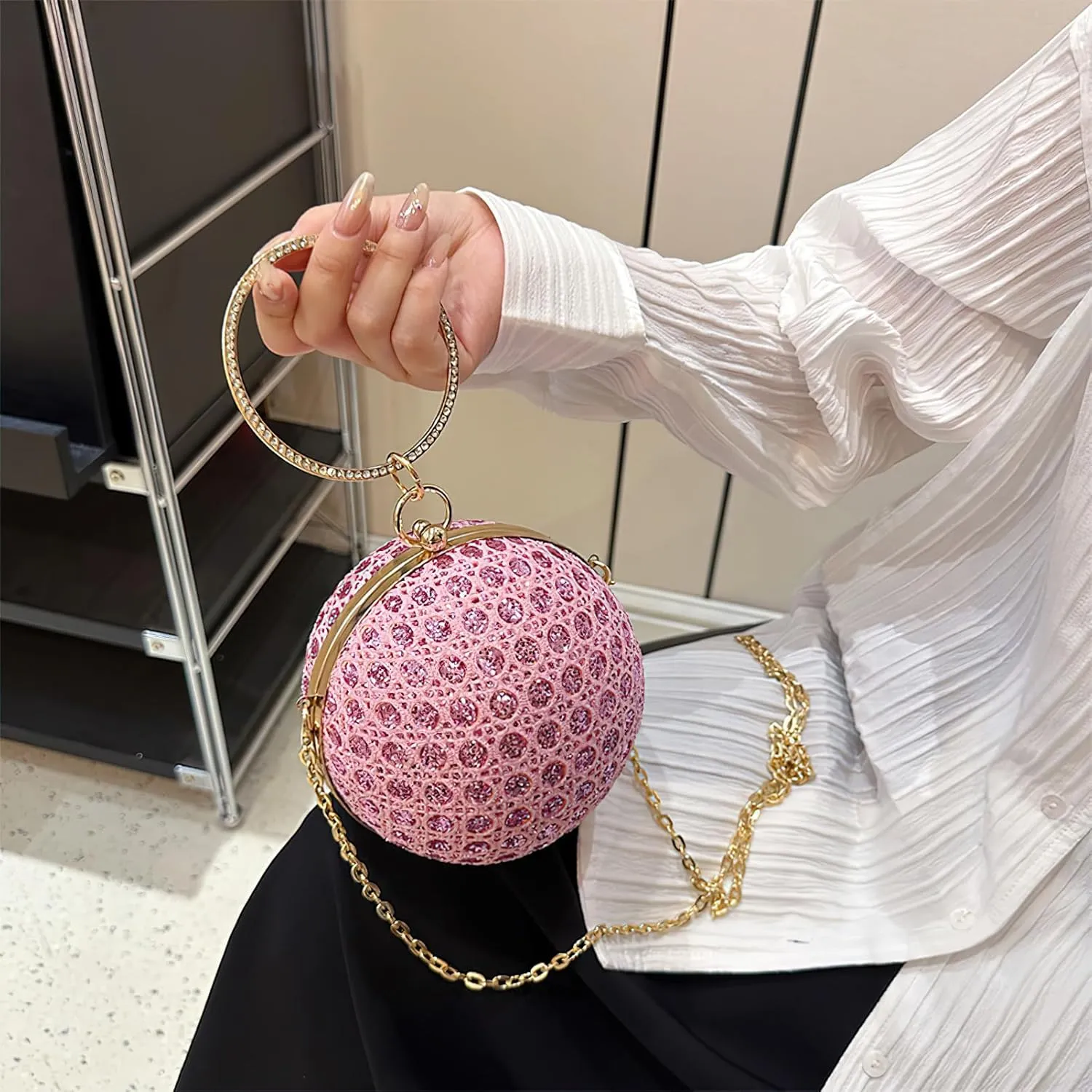 ANUFER Women's Sparkly Ball Shaped Evening Bag Rhinestones Sequins Clutch Bag
