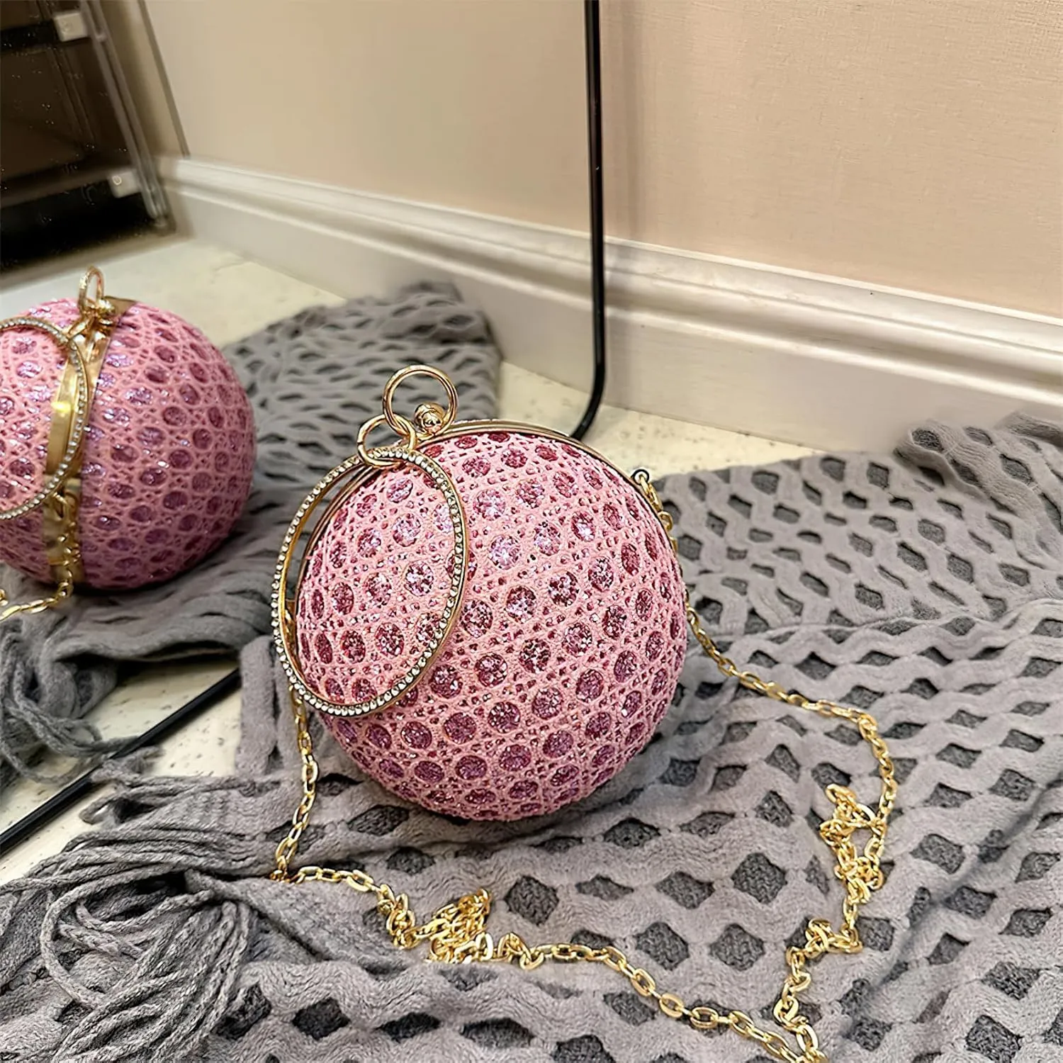 ANUFER Women's Sparkly Ball Shaped Evening Bag Rhinestones Sequins Clutch Bag