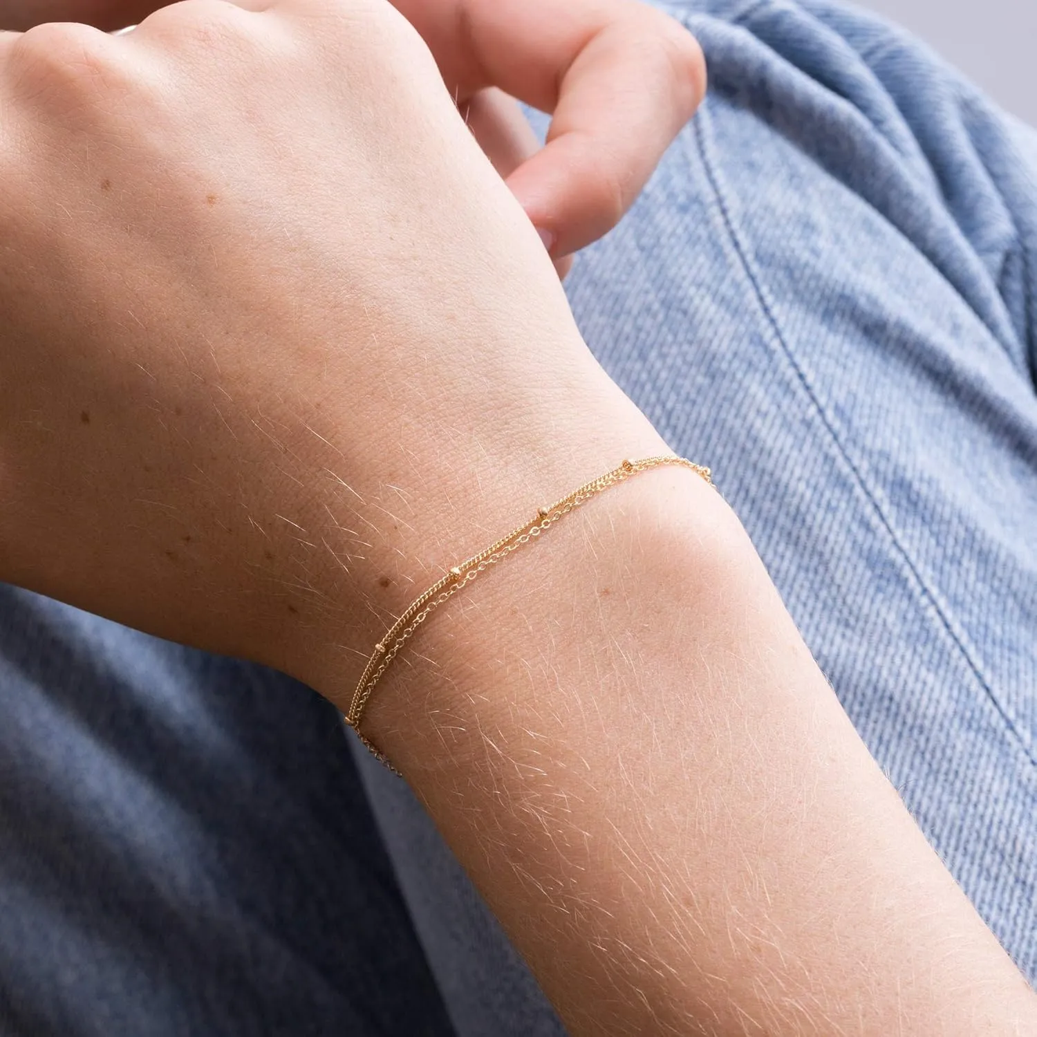 Aobei Pearl 18K Gold Chain Link Bracelet Tiny Pearl Gold Ball Beads Turquoise Bracelet Minimalist Layering Stacking Jewelry for Women