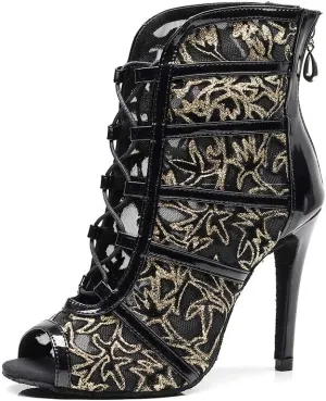 AOQUNFS Women Ballroom Dance Shoes Mesh Latin Salsa Performance Practice Dance Heels,1023