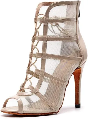 AOQUNFS Women Ballroom Dance Shoes Mesh Latin Salsa Performance Practice Dance Heels,1023