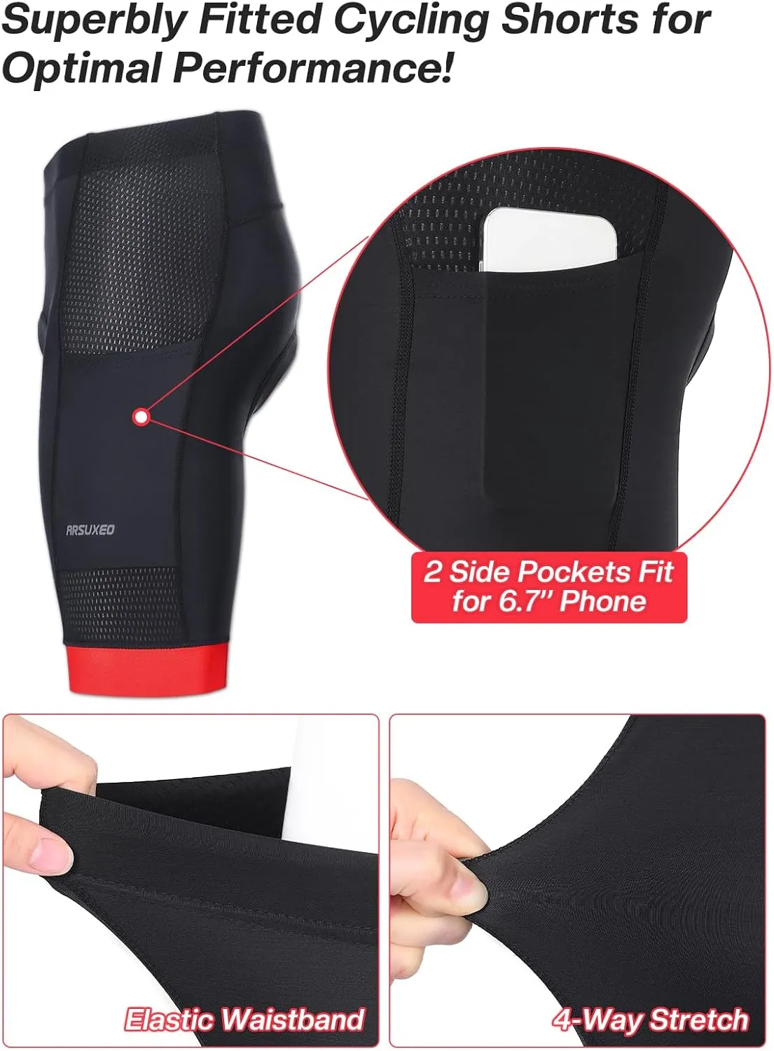 ARSUXEO 4D Padded Bike Shorts for Men Cycling Shorts with Phone Pockets Bicycle Biking Shorts