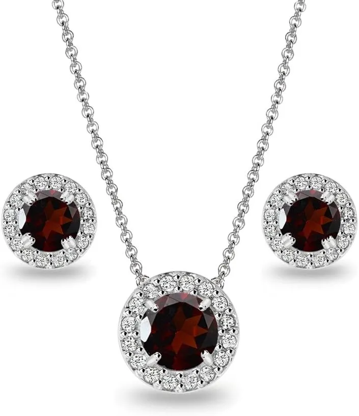 B. BRILLIANT Sterling Silver Genuine, Created or Simulated Gemstone Round Halo Necklace & Stud Earrings Jewelry Set for Women w/Gift Box