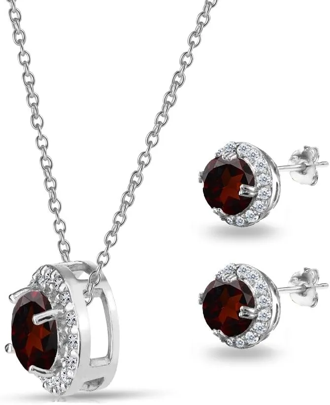 B. BRILLIANT Sterling Silver Genuine, Created or Simulated Gemstone Round Halo Necklace & Stud Earrings Jewelry Set for Women w/Gift Box