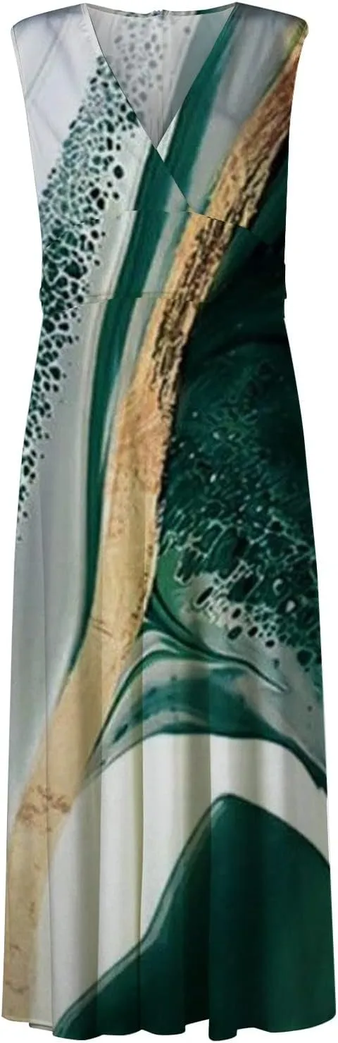 Beach Dresses for Women Summer Trendy Elegant V Neck Wrap Floral Boho Dress Flowy Ruched Maxi Dress