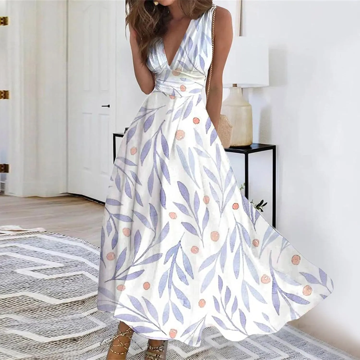 Beach Dresses for Women Summer Trendy Elegant V Neck Wrap Floral Boho Dress Flowy Ruched Maxi Dress