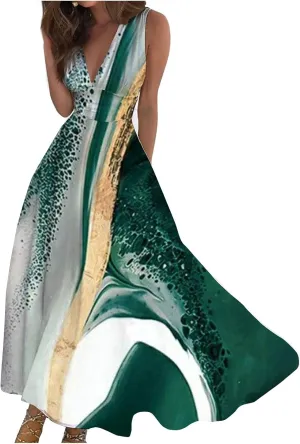 Beach Dresses for Women Summer Trendy Elegant V Neck Wrap Floral Boho Dress Flowy Ruched Maxi Dress