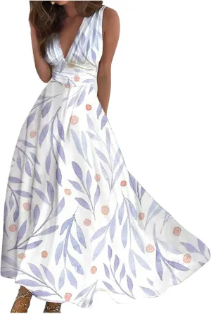 Beach Dresses for Women Summer Trendy Elegant V Neck Wrap Floral Boho Dress Flowy Ruched Maxi Dress