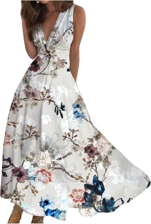 Beach Dresses for Women Summer Trendy Elegant V Neck Wrap Floral Boho Dress Flowy Ruched Maxi Dress