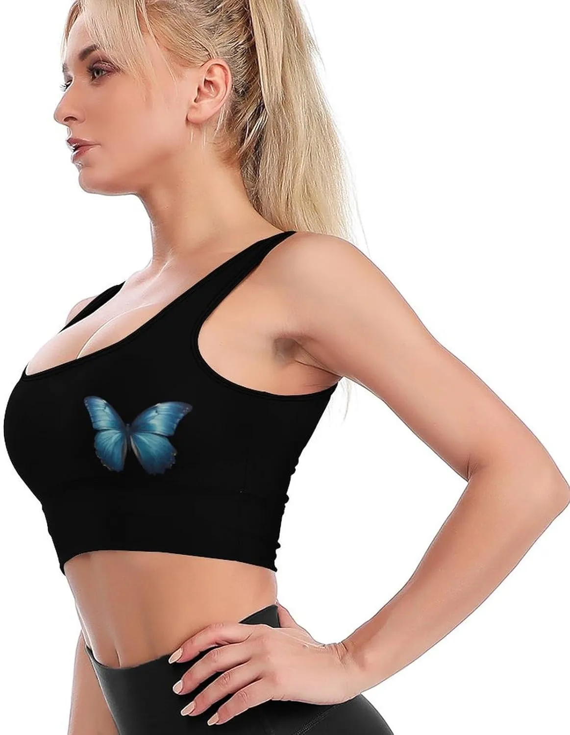 Blue Butterfly Women's Racerback Sports Bra Yoga Athletic Bra Crop Tank Tops with Removable Cups