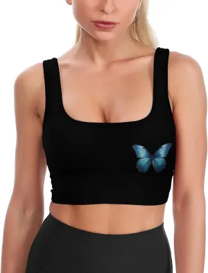 Blue Butterfly Women's Racerback Sports Bra Yoga Athletic Bra Crop Tank Tops with Removable Cups