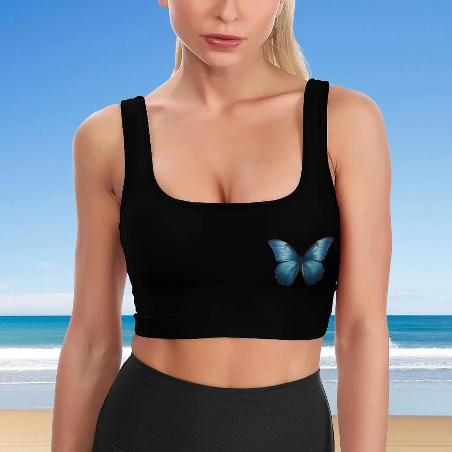 Blue Butterfly Women's Racerback Sports Bra Yoga Athletic Bra Crop Tank Tops with Removable Cups