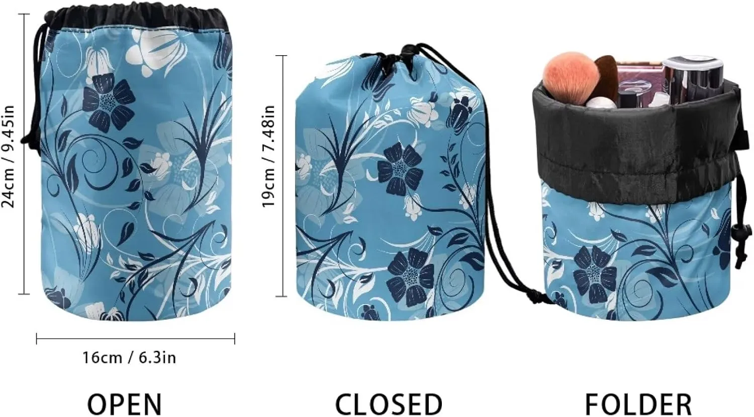 Blue Crushed Flower Print Cosmetic Bag Floral Design Makeup Bag for Women - Makeup Travel Case, Elegant and Convenient for Travel Essentials Blue