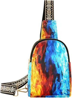 Blue Red Flame Fanny Pack Crossbody PC Leather Small Sling Bag for Women Fire Fashion Waist Packs Chest Bag for Travel Sports Running Hiking