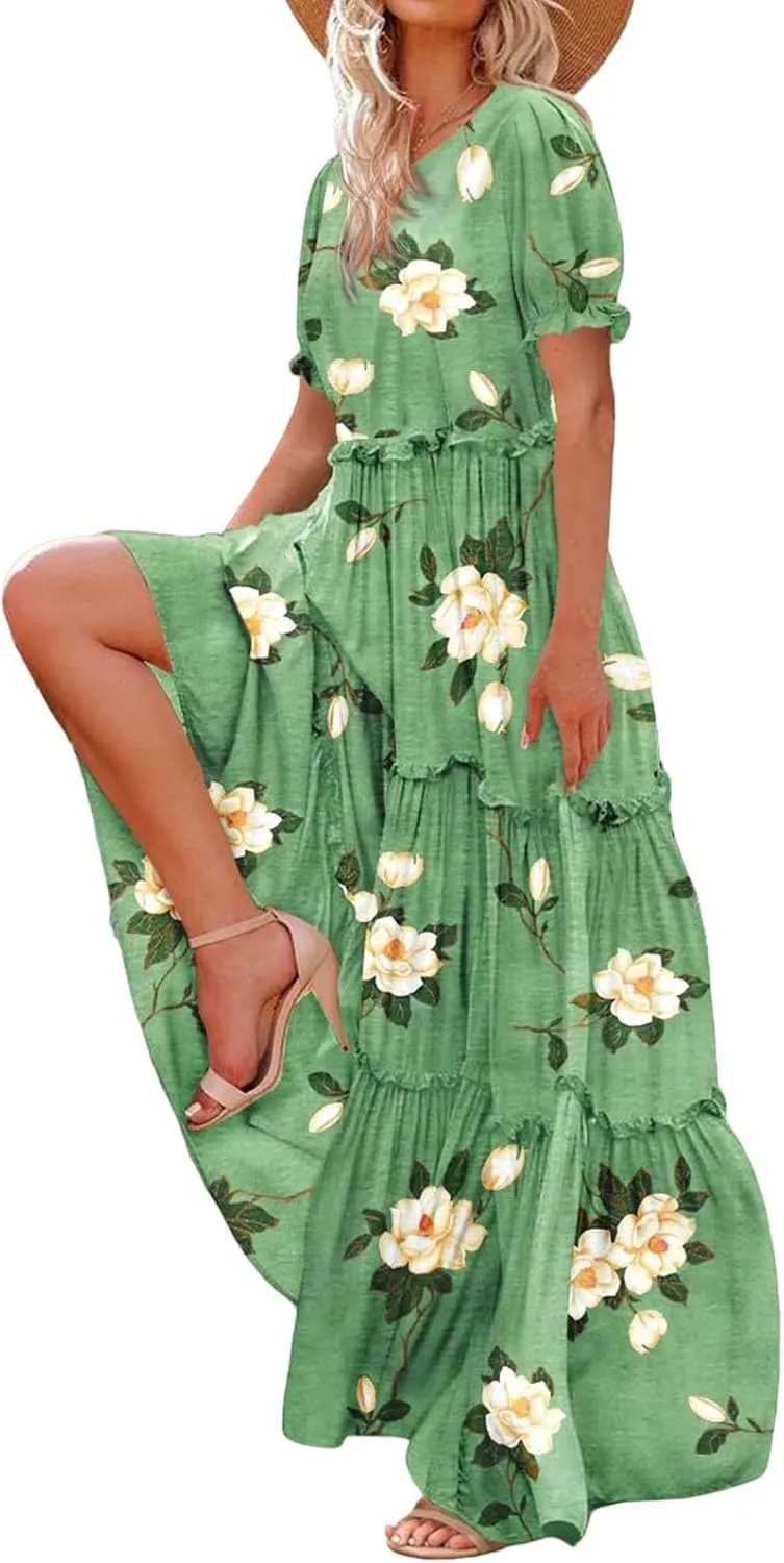 Bohemian Floral Dresses for Women Summer Crewneck Puff Short Sleeve Long Midi Dress 2025 Flowy Swing Dresses